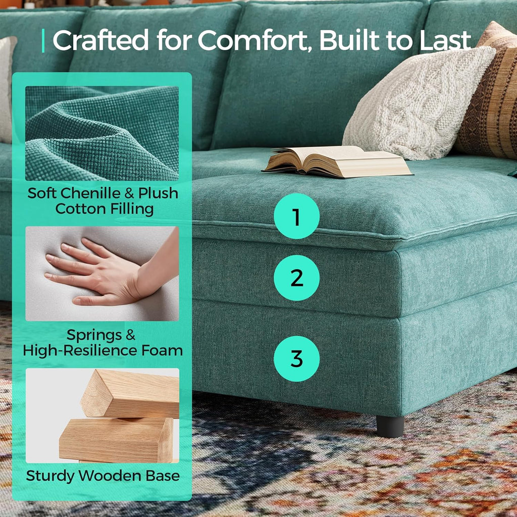 LINSY HOME Cloud Couch Modular Sectional, 115" U Shaped Sofa Couches with Double Chaise, Chenille 4 Seater Sofa Set for Living Room, Apartment, Office, Green