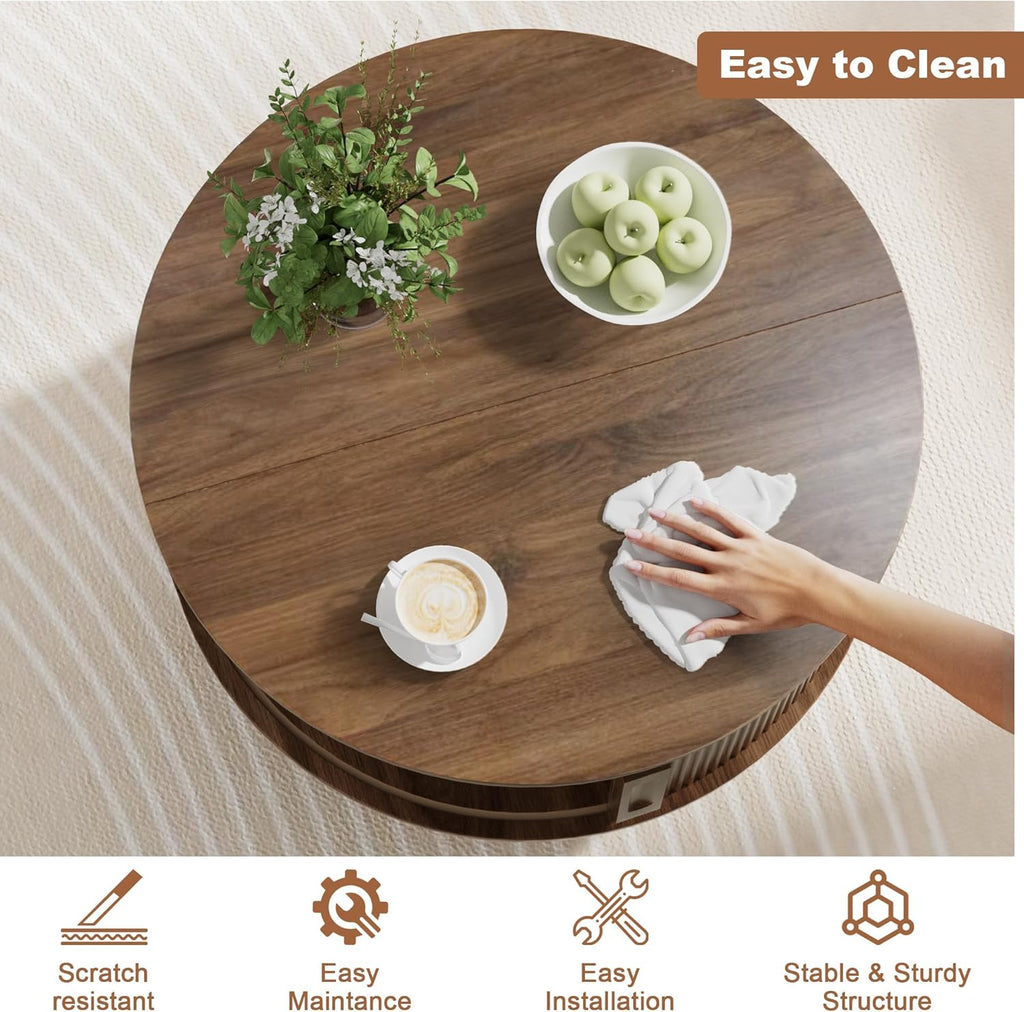 31.5" Round Fluted Coffee Table with Hidden Storage, Modern Wood Coffee Table with Flip-Up Hinged Tabletop, Divided Compartments and Rotating Base for Living Room & Apartment (Walnut)
