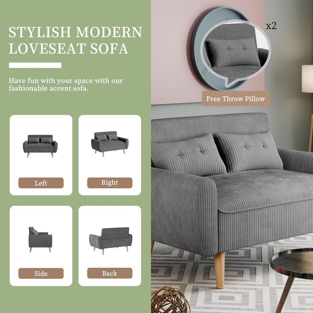 Vongrasig 48" Small Modern Loveseat Sofa, Mid Century Soft Corduroy Fabric 2-Seat Sofa Couch Tufted Love Seat with Back Cushions and Tapered Legs for Living Room, Bedroom and Small Space (Dark Gray)