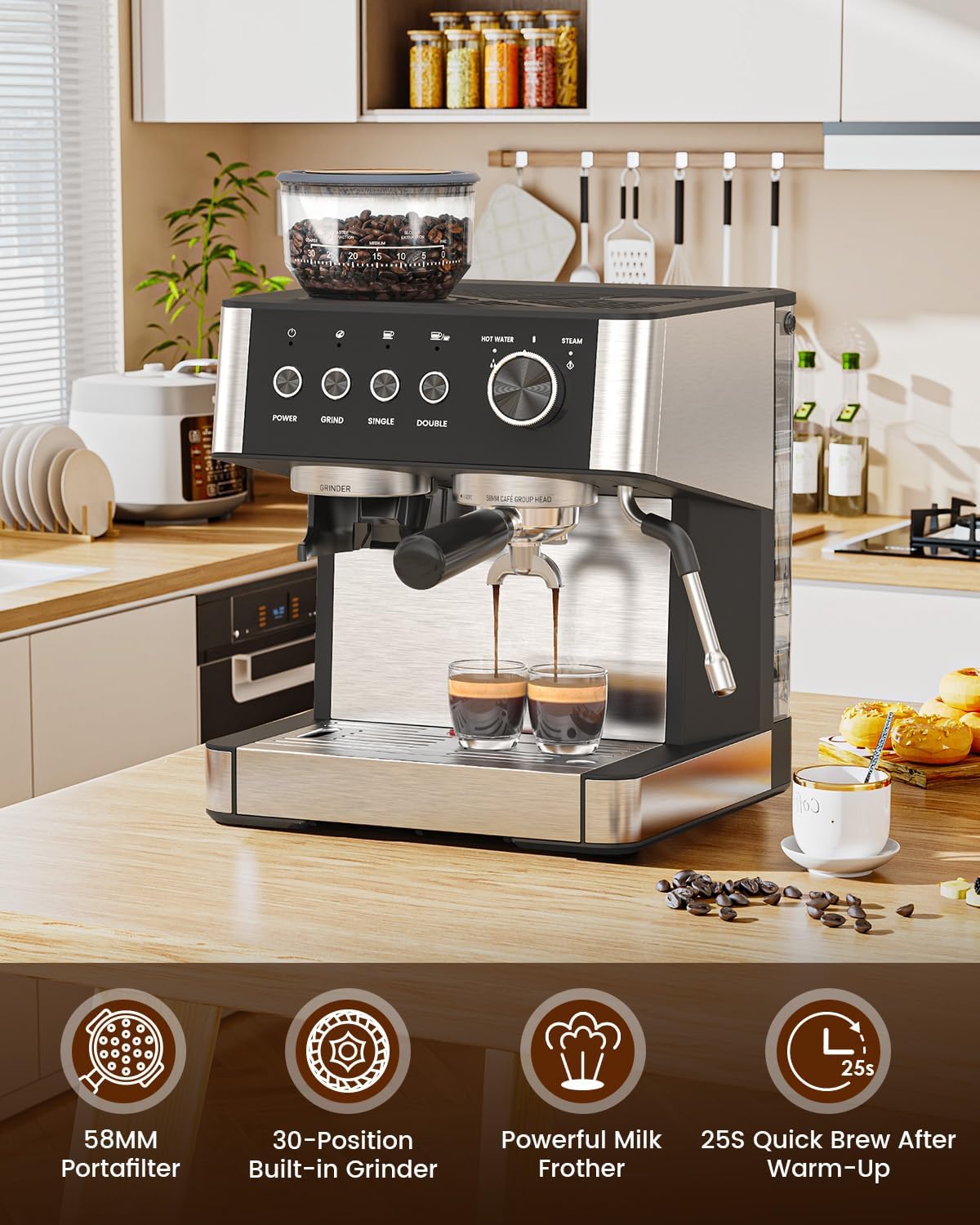 (2026 Upgrade) Espresso Machine with Grinder, 15 Bar Expresso Coffee Machines, Professional Coffee Maker for Latte&Cappuccino with Milk Frother, Expresso Machines for Home Descaling Kit Included Black