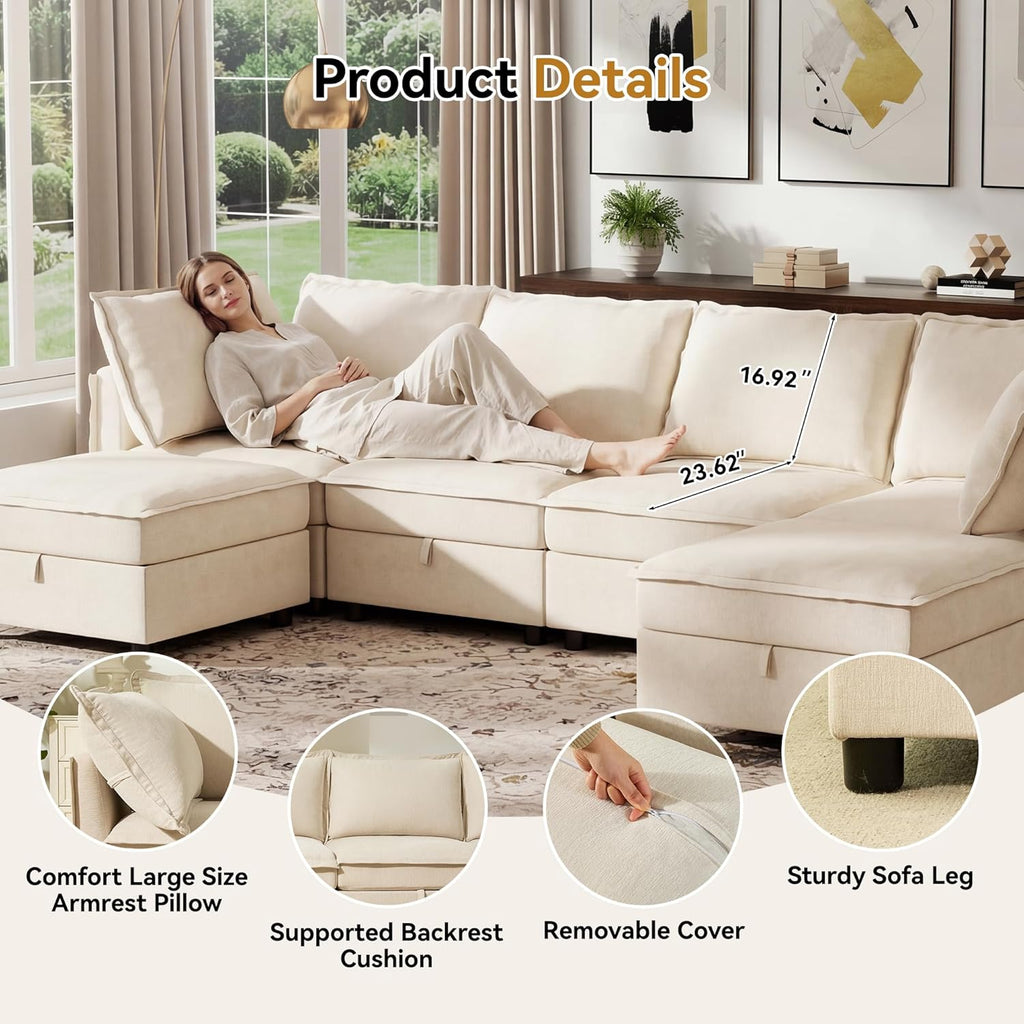 Ihanherry 129.6” Modular Sectional Sofa with Storage, U Shaped Couch for Living Room, 6-Seat Chenille Deep Seat Sofa with Movable Ottoman, Convertible Couches for Bedroom and Apartment .Beige