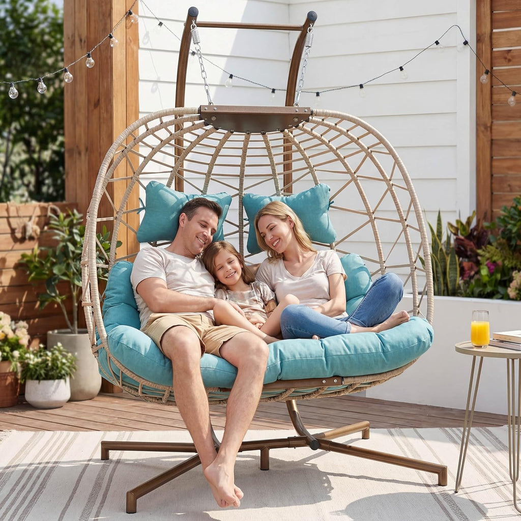 NICESOUL Outdoor Double Egg Chair with Stand, XL Large & Wide All-Weather Cushioned Swing Chair, Heavy Duty Rattan Egg Hammock Loveseat with Stand for Patio Porch Balcony Backyard or Indoor, Turquoise