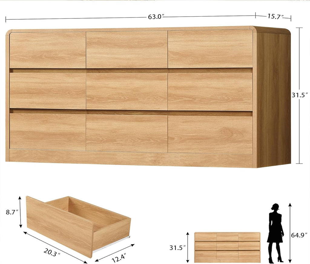 TEENFON 9 Drawer Dresser for Bedroom, 63" Wide Dressers & Chest of Drawers with Curved Profile Design, Wood Closet Storage Dressers Organizer for Bedroom, Living Room, Natural