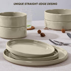 E-far 16-Piece Plates and Bowls Sets - Stoneware Dinnerware Sets with Pasta Bowls for 4 | Microwave & Dishwasher Safe Kitchen Modern Dish Set, Speckled Khaki