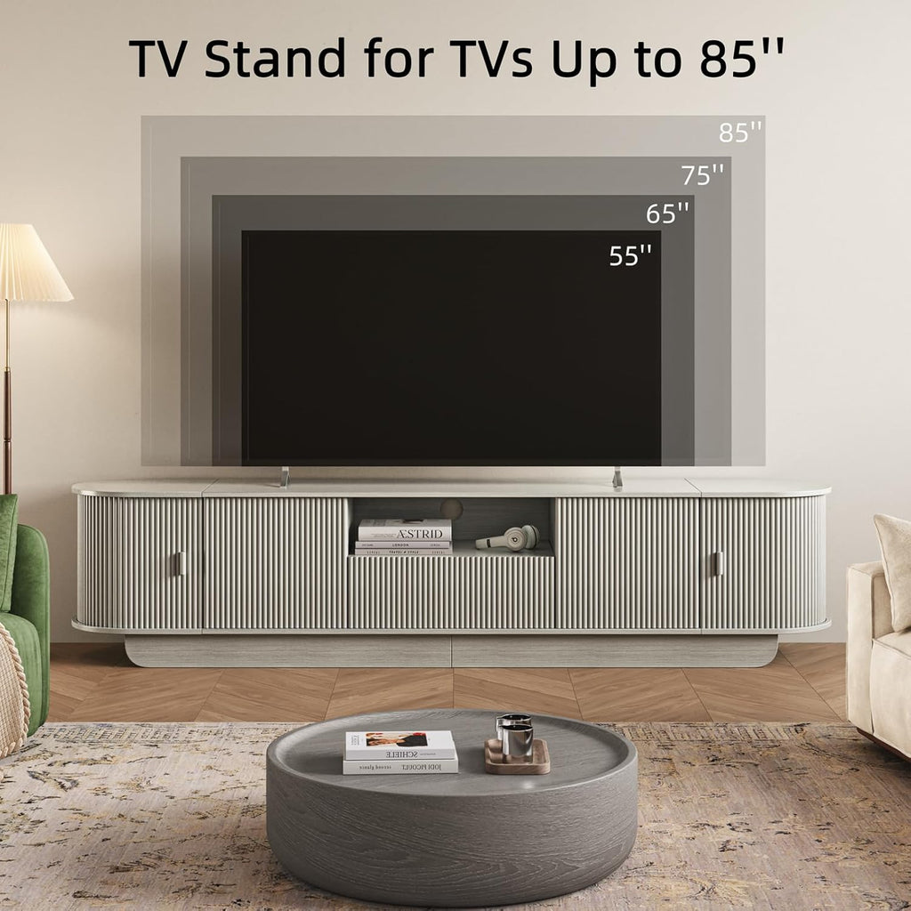 86.61'' Tambour TV Stand for 55-85 Inch, Entertainment Center with Large Storage Cabinet and Sliding Door,Curved Profile Design Media Console with Open Shelves for Living Room, Bedroom, Office, Grey