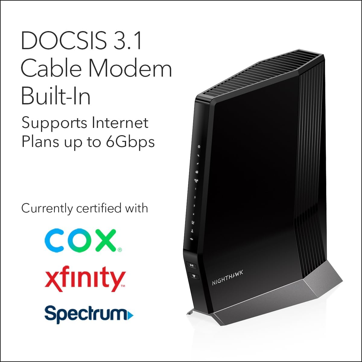 NETGEAR Nighthawk Cable Modem and WiFi 6 Router Combo (CAX80) - Compatible with All Major Cable Providers incl. Xfinity  Spectrum  Cox - Cable Plans up to 6Gbps - AX6000 WiFi 6 Speed - DOCSIS 3.1