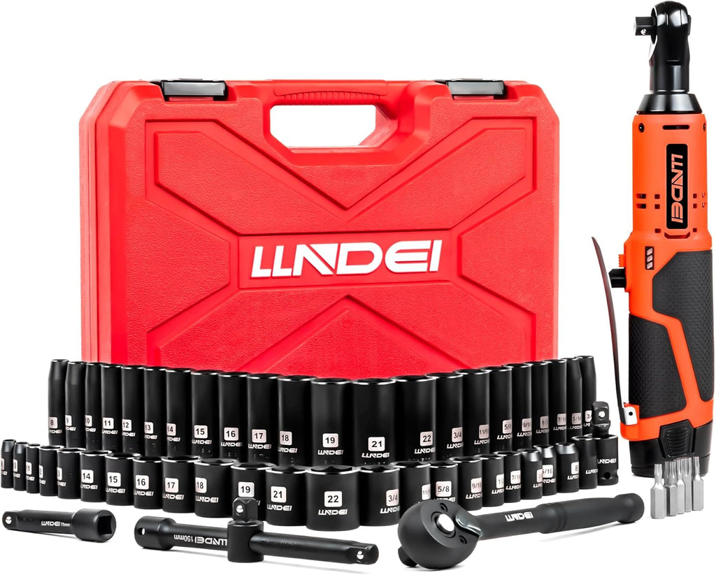 LLNDEI 3/8" 58Pcs Cordless Electric Ratchet Wrench Set with Socket Set,12V High Capacity Electric Wrench(40FT-LBS(55N.M)) with Adjustable Speed, LED Light for Battery.