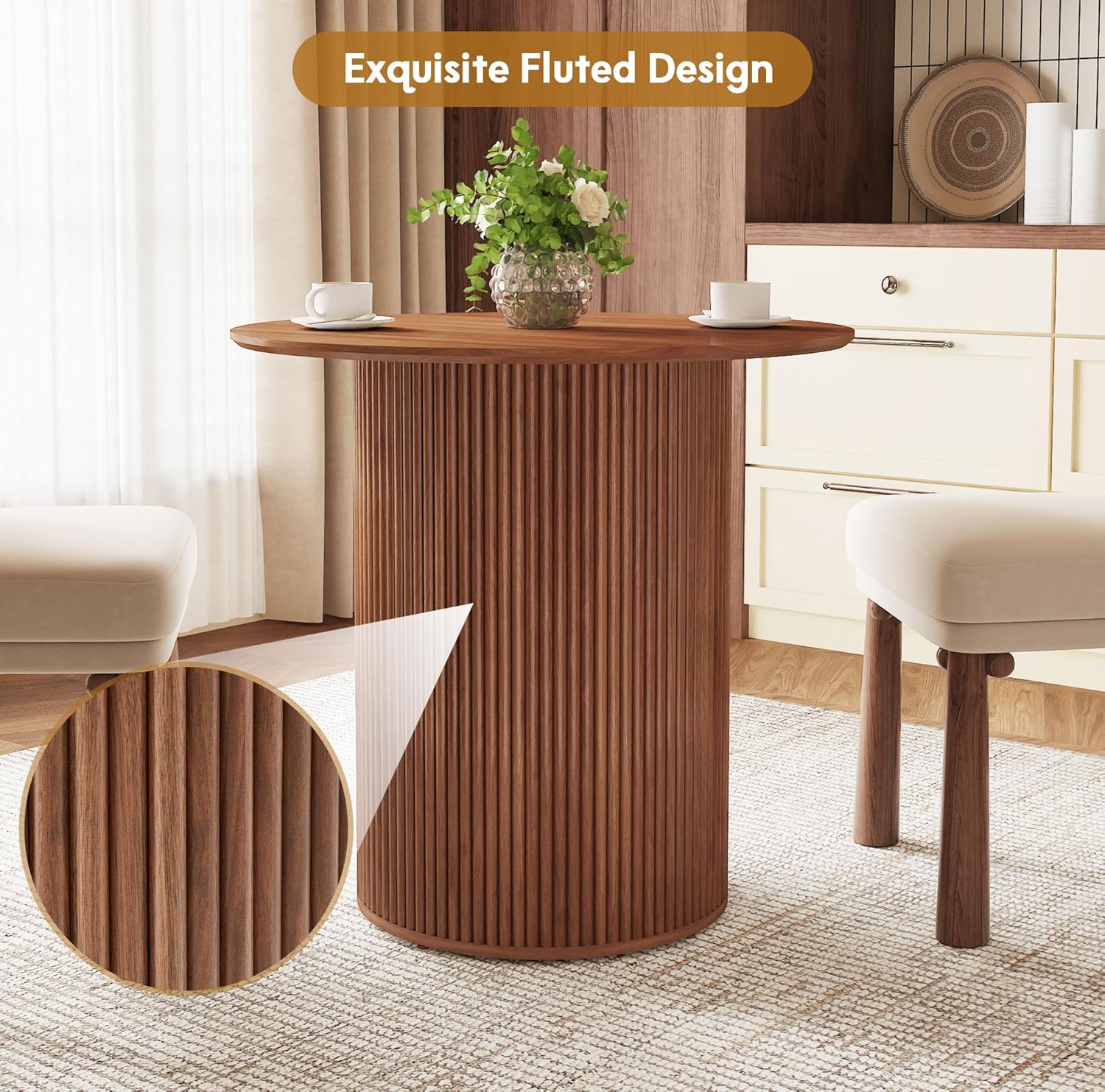 31.5" Small Round Dining Table for 2, Sturdy and Durable Wood Walnut Dining Table Round with Fluted Base, Simple Setup Small Kitchen Table for Living Dining Room Office (Walnut)