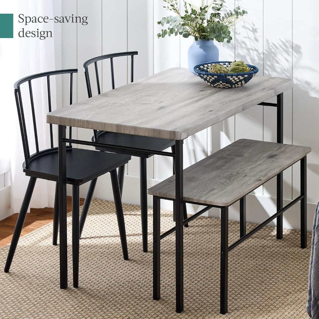 Best Choice Products 4-Piece Farmhouse Dining Table Set w/ 2 Black Spindle Chairs, Dining Bench, Kitchen Table, Windsor Chairs - Gray