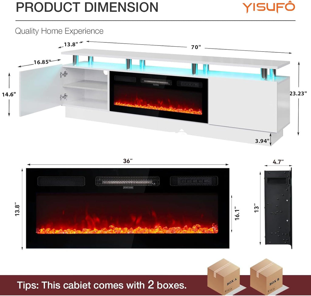 70" Fireplace TV Stand, 2-Tier LED Entertainment Center with 36" Fireplace, Fits TVs up to 80", Modern High Gloss TV Console with LED Lights & Storage Cabinets for Living Room, White + Black