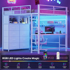 ADORNEVE Loft Bed Full Size with Desk and 8 Storage Drawers, LED Metal Loft Bed with Power Outlet, 2 Shelves & Clothing Rack, Bed with Safety Guardrail & Ladder,Space-Saving, White