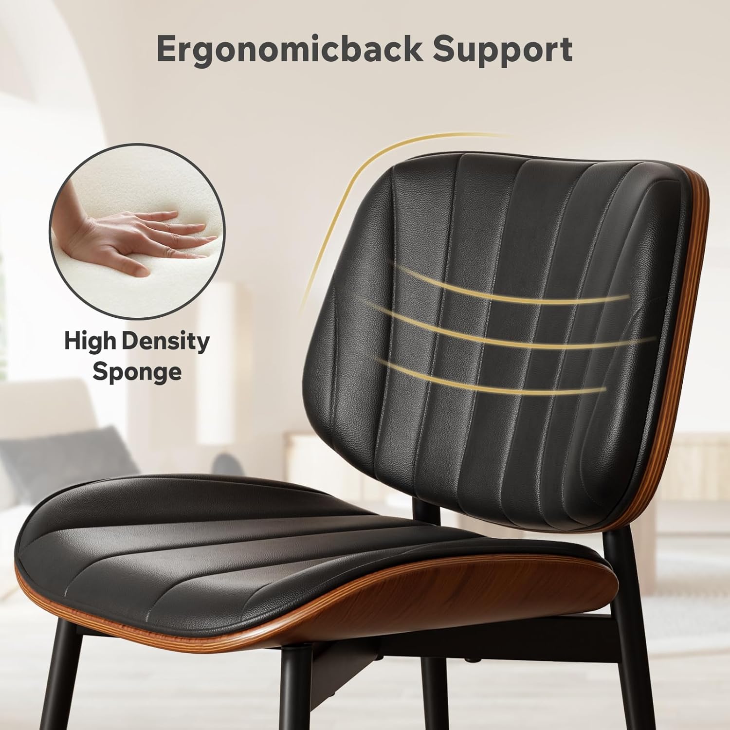 Dining Chairs Set of 4, Mid Century Modern Dining Room Chair, Upholstered Faux Leather Kitchen Chairs with Walnut Bentwood Back and Metal Legs for Kitchen Dining Room Living Room, Black