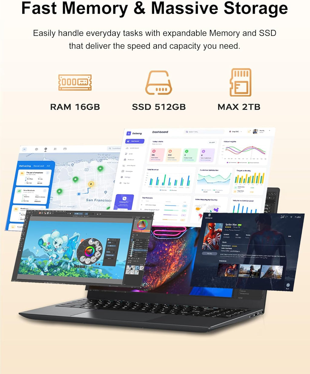 15.6" Laptop Computer  Laptop with 16GB RAM 512B SSD  Gold 6500Y (Up to 3.4GHz)  1080P FHD IPS Display  Type-C  HDMI  USB3.2  WIFI  Bluetooth  Long Battery Life  Laptops for Business & Student