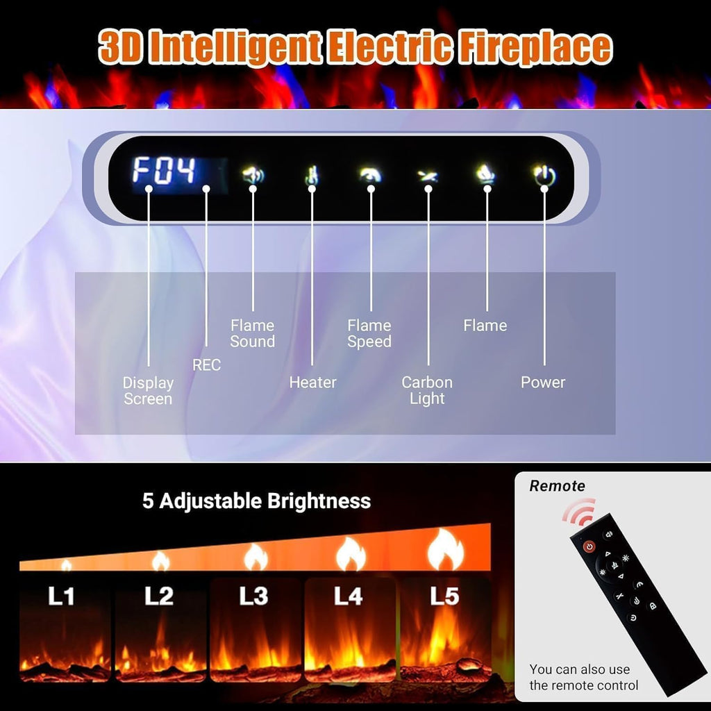60" Recessed and Wall Mounted Electric Fireplace, Smart WiFi Infrared Electric Fireplace with Remote Control, Adjustable Flame Color, 750/1500W Fireplace Heater and Linear Fireplace, Black