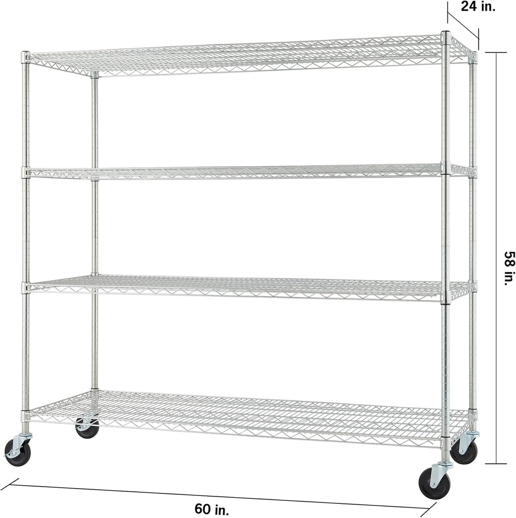 Trinity Basics 4-Tier Adjustable Wire Shelving with Wheels for Kitchen Organization, Garage Storage, Laundry Room, NSF Certified, 600 to 1800 Pound Capacity, 60” by 24” by 54”, EcoStorage Chrome