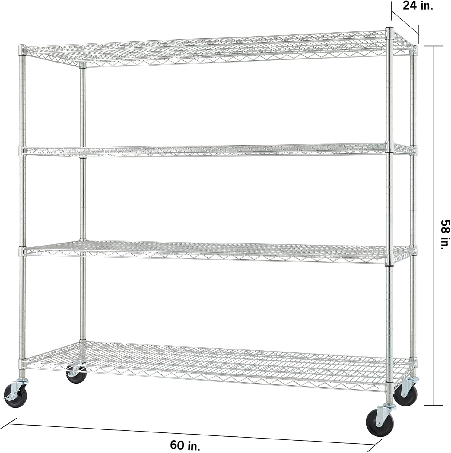 Trinity Basics 4-Tier Adjustable Wire Shelving with Wheels for Kitchen Organization, Garage Storage, Laundry Room, NSF Certified, 600 to 1800 Pound Capacity, 60” by 24” by 54”, EcoStorage Chrome