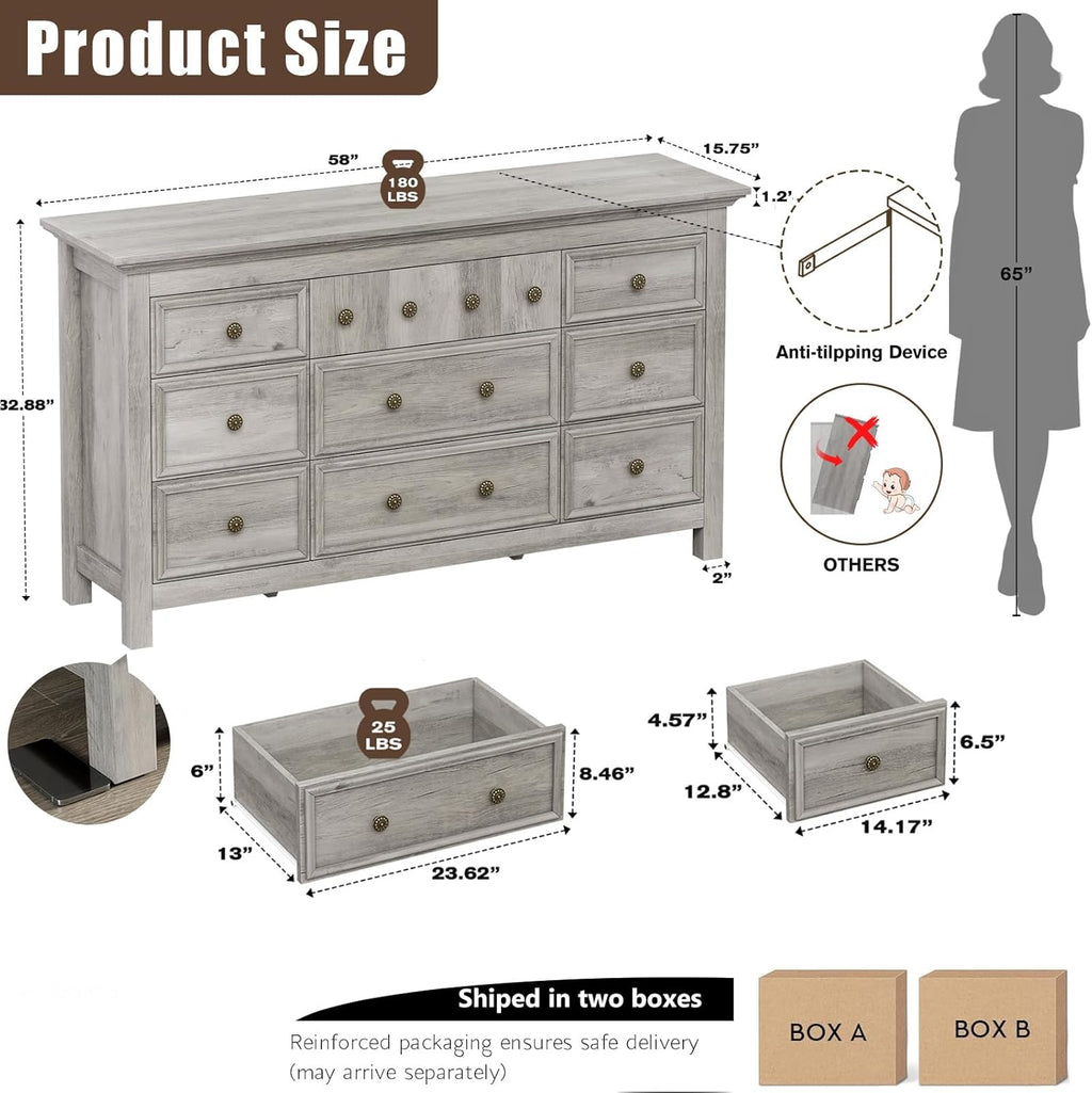 LGHM Dressers for Bedroom with 9 Drawers, 9 Drawer Dresser with Textured Borders, 58" W Chest of Drawers Closet Organizers and Storage Clothes - 6" Deep Drawer for Bedroom, Living Room,Gray