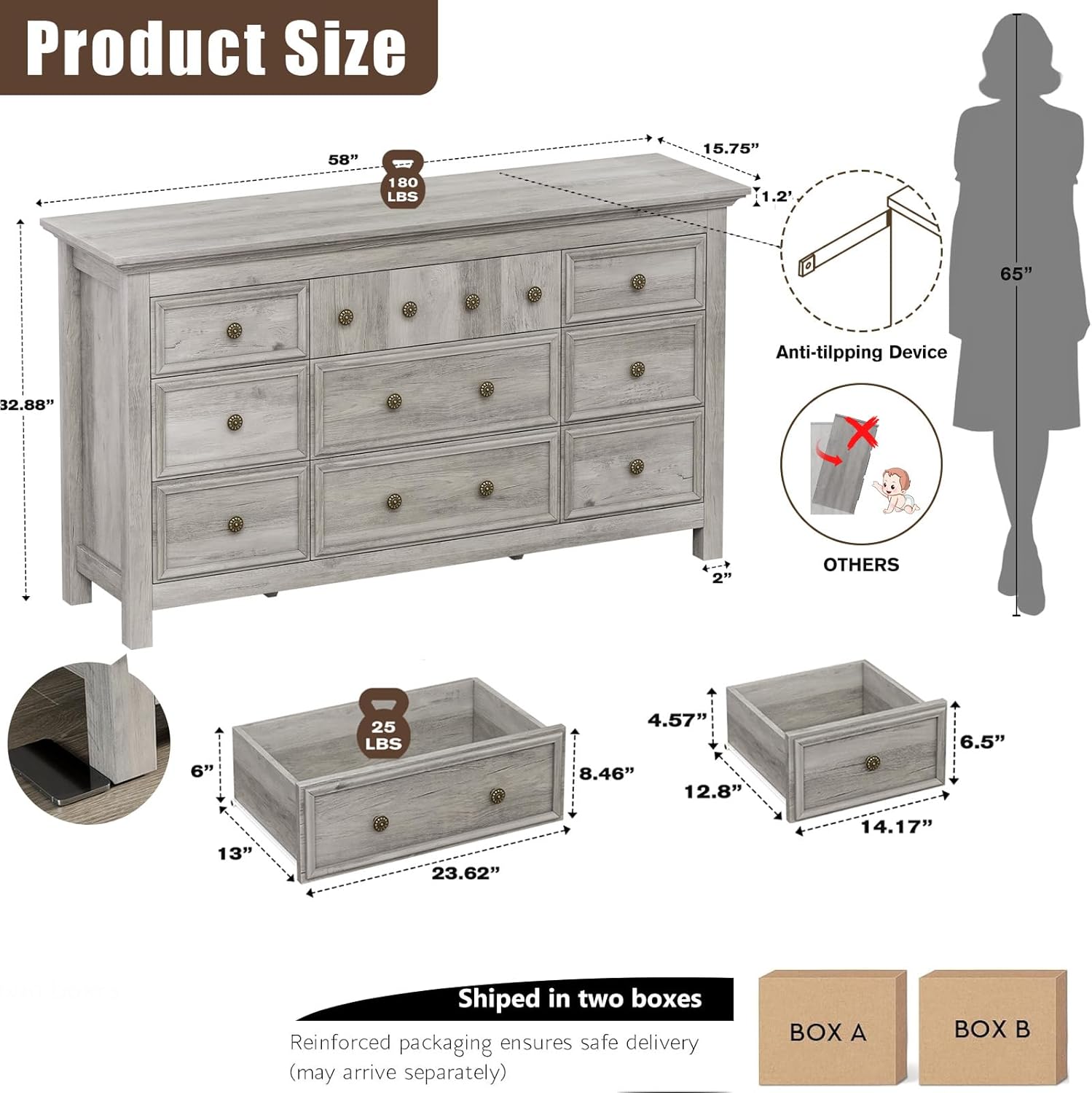 LGHM Dressers for Bedroom with 9 Drawers, 9 Drawer Dresser with Textured Borders, 58" W Chest of Drawers Closet Organizers and Storage Clothes - 6" Deep Drawer for Bedroom, Living Room,Gray