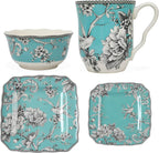 222 Fifth Adelaide Turquoise 16-Piece Porcelain Dinnerware Set | Microwave and Dishwasher Safe Dining Set for 4 | Stackable and Chip-Resistant Plates Bowls and Cups | Gift for Housewarming & Wedding