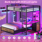 ADORNEVE Bunk Bed with Desk, Full Over Full Bunk Beds with Charging Station & Led Lights, 4 Storage Drawers & 2 Open Storage Shelves, Metal Loft Bed with Safety Guardrail & Ladder for Kids/Teen, Black