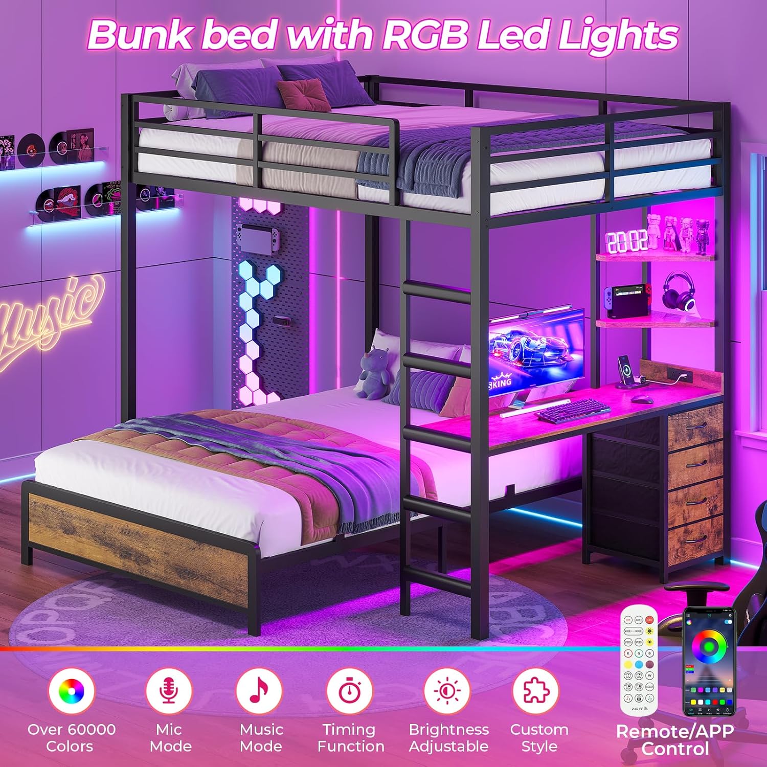 ADORNEVE Bunk Bed with Desk, Full Over Full Bunk Beds with Charging Station & Led Lights, 4 Storage Drawers & 2 Open Storage Shelves, Metal Loft Bed with Safety Guardrail & Ladder for Kids/Teen, Black