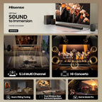 Hisense AX5140Q 5.1.4Ch Sound Bar with Wireless Subwoofer  Dolby Atmos  DTS:X  Bluetooth 5.3  Roku TV Ready  HDMI/AUX/ARC/Optical/USB  EzPlay  7 EQ Modes  Hi Concerto  Room Calibration