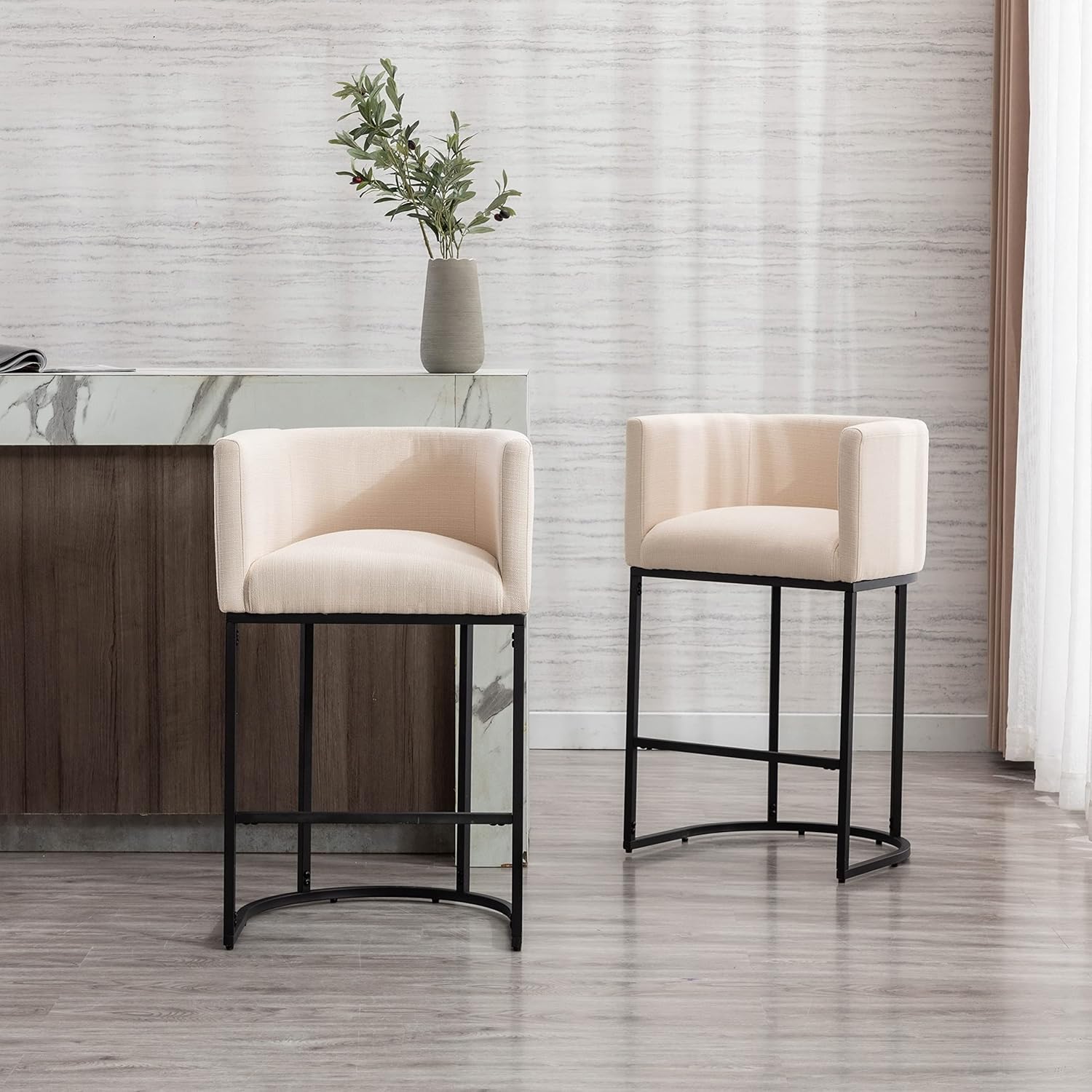 Contemporary Cream Linen Bar Stools Set of 3, 29" Upholstered Fabric Counter Height Barstools Kitchen Counter Island Stools with Black Metal Base