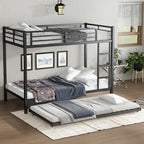 Metal Bunk Bed Twin XL over Twin XL with Trundle for 3 Kids/Teens/Adults, Heavy-duty Metal Bunk Bed Frame with Ladder & Safety Guardrail, Space-saving Design for Bedroom/Kidsroom/Dorm, Black