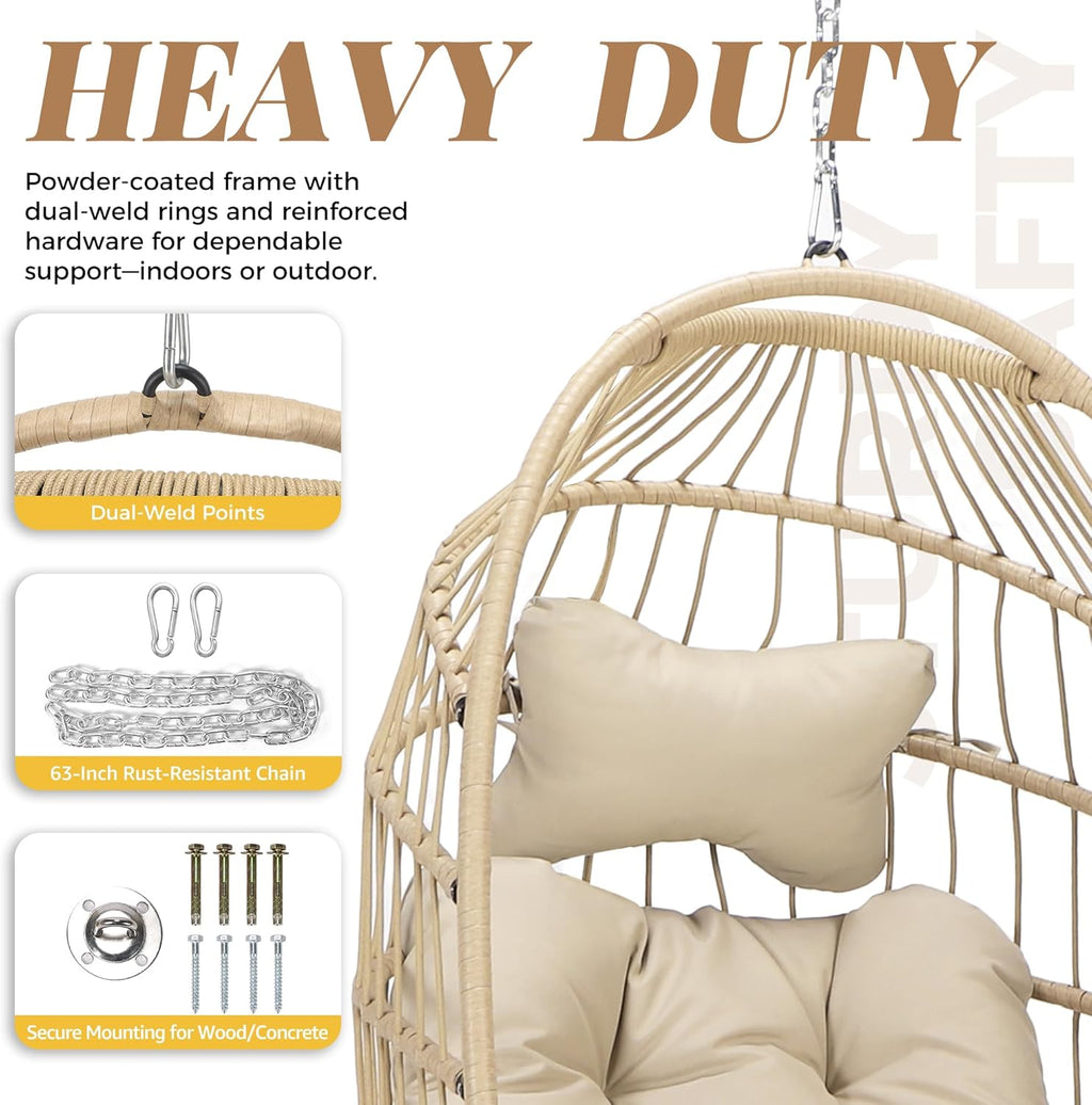 BULEXYARD Outdoor Patio Egg Chair Without Stand, 350 Lbs Foldable Rattan Swing with Comfy Cushion, Relaxing Boho Hanging Hammock Basket Seat for Bedroom Balcony Backyard Tree Indoor Mount, Beige