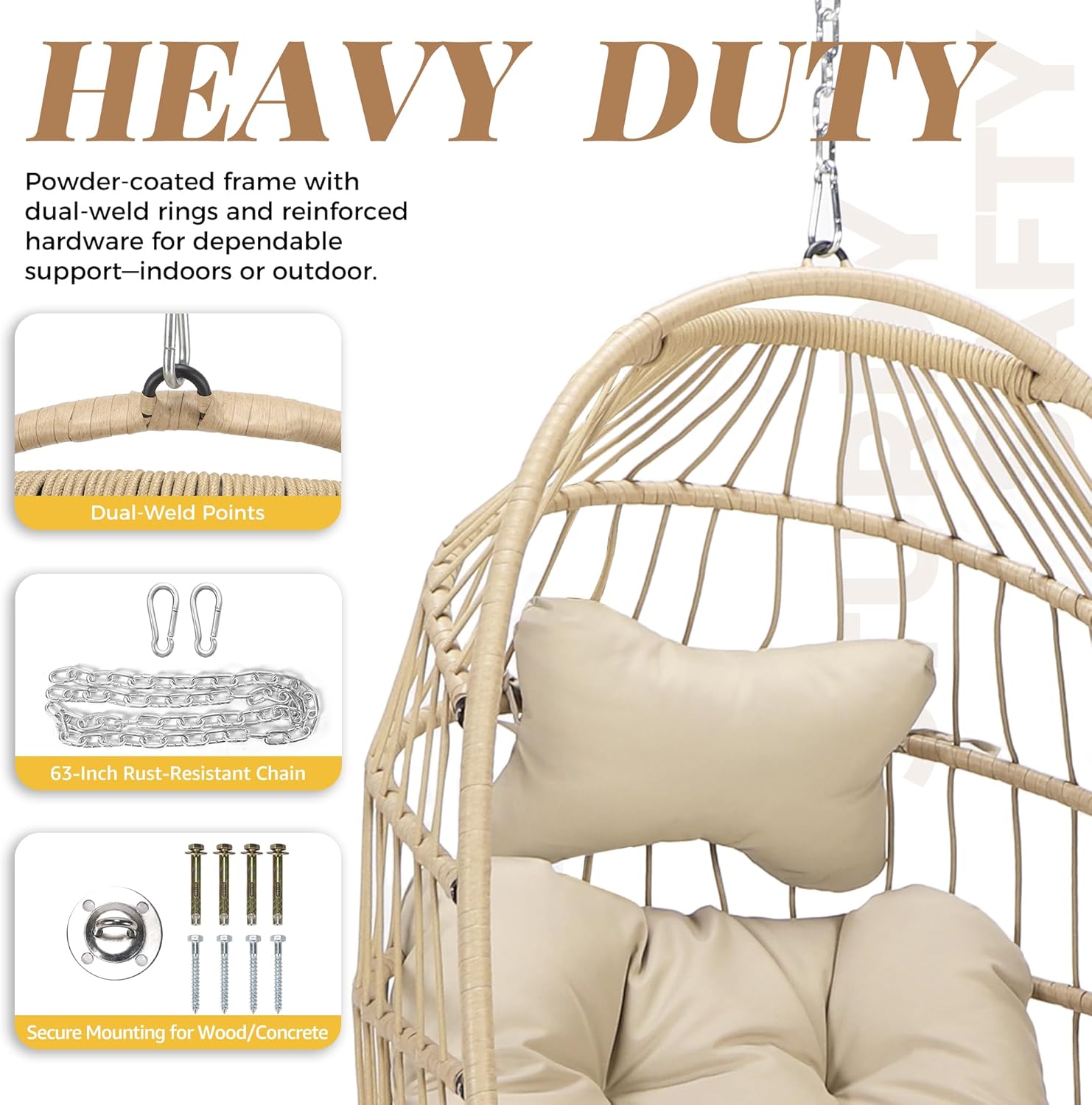 BULEXYARD Outdoor Patio Egg Chair Without Stand, 350 Lbs Foldable Rattan Swing with Comfy Cushion, Relaxing Boho Hanging Hammock Basket Seat for Bedroom Balcony Backyard Tree Indoor Mount, Beige