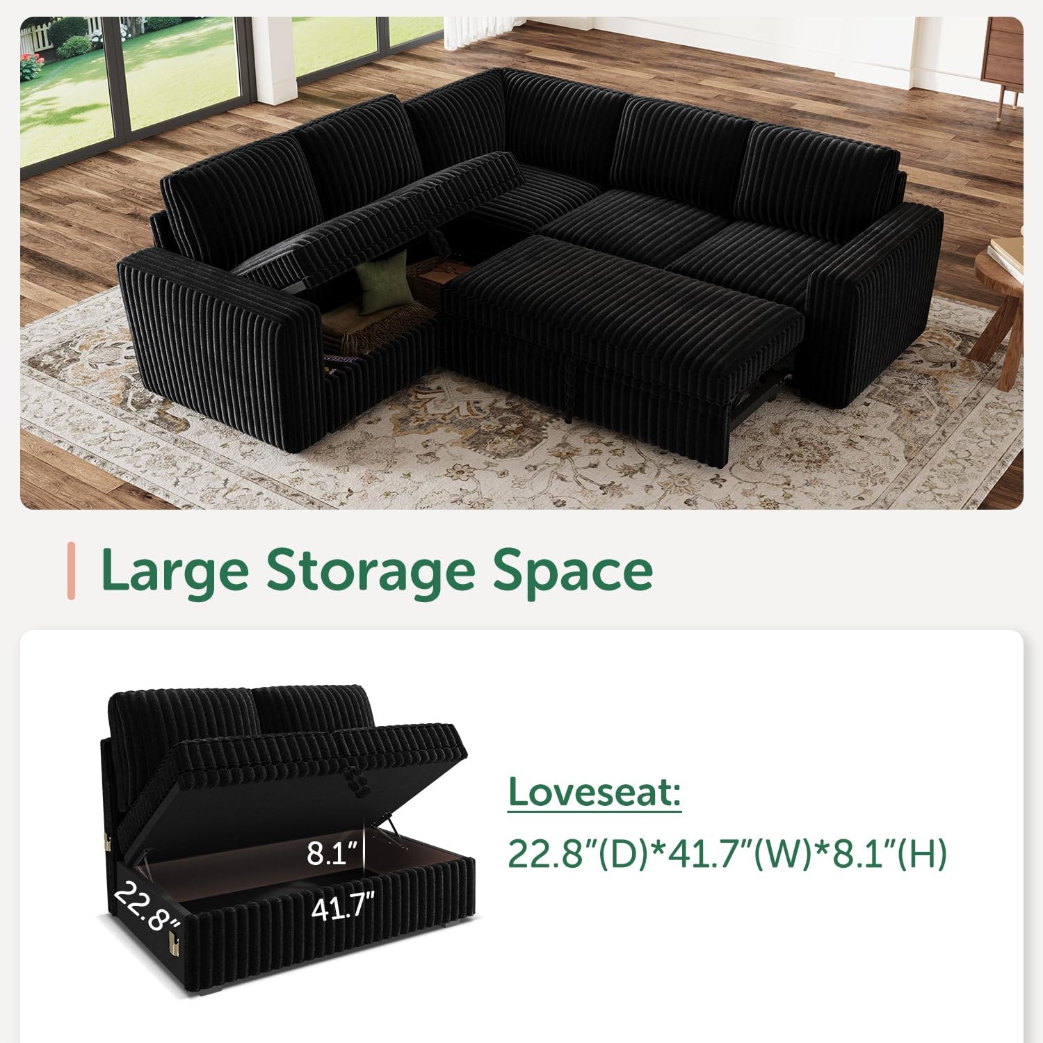 HONBAY Modular Sectional Sleeper Sofa with Pull Out Bed,Corduroy L Shaped Couch with Storage, Sectional Couches for Living Room,Black