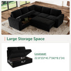 HONBAY Modular Sectional Sleeper Sofa with Pull Out Bed,Corduroy L Shaped Couch with Storage, Sectional Couches for Living Room,Black