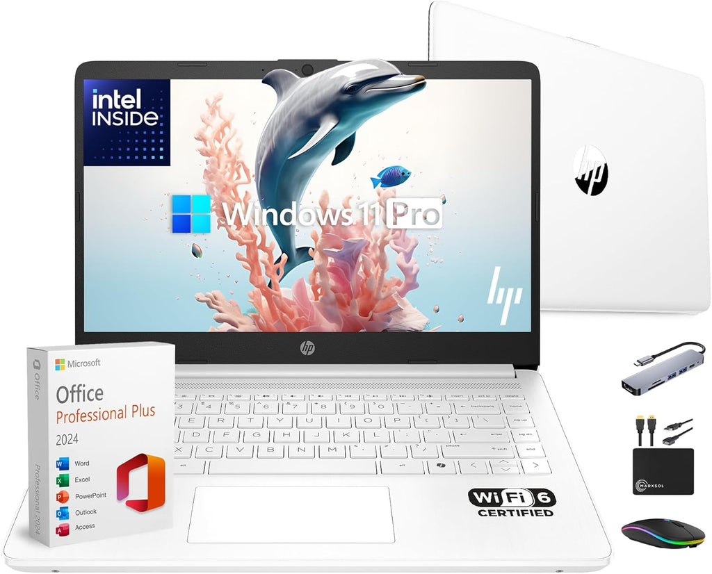 HP 14" Laptop Thin and Light for 2026 Student Business with Office Suite  Copilot AI  Intel CPU Up to 2.8GHz  8GB RAM  628GB Storage (128GB SSD+500GB Ext)  WiFi 6  Win 11 Pro  MarxsolAccessory  White