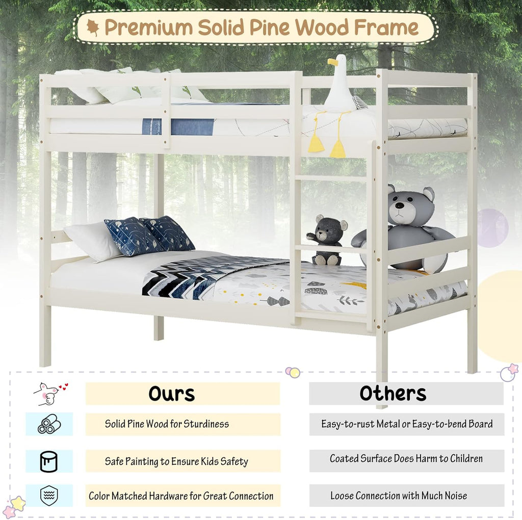 KOMFOTT Wood Bunk Bed Twin Over Twin, Bunk Bed with Ladder & Safety Guardrail, Solid Wood Bed Frame, Ideal for Dormitory & Multiple-Child Family, No Box Spring Needed, Kids Bed Frame