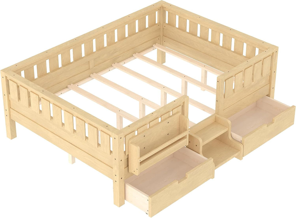 Bellemave Full Size Bed with Slats and Stairs, Full Size Platform Bed Frame with Fence, Bookshelf and Storage Drawers, Easy Assemble Beds for Girls, Boys, Light Natural