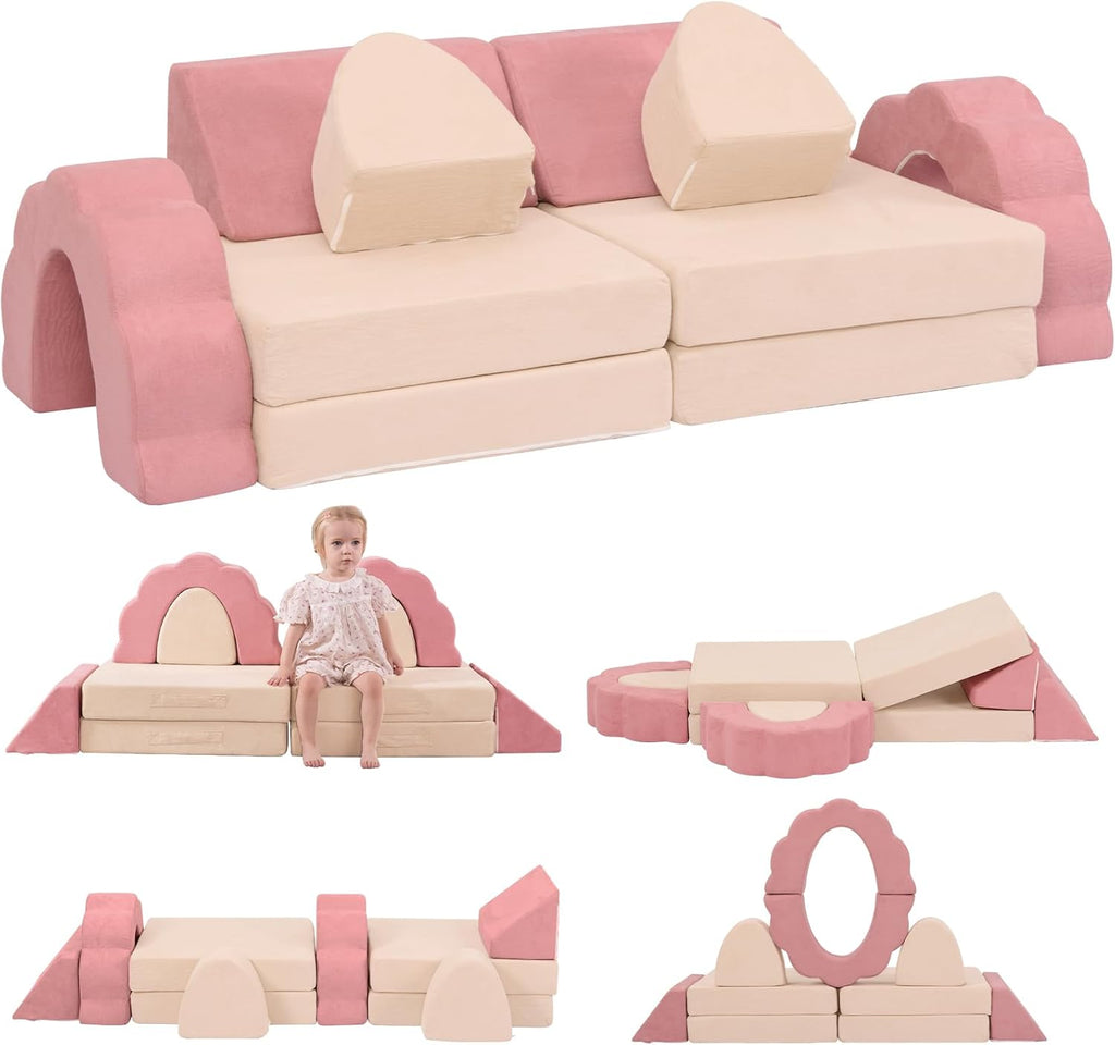 10-Piece Mini Kids Play Couch, Modular Flower Foam Sofa for Toddlers, Convertible Soft Play Sofa with Washable Cover, Indoor Climbing Furniture for Nursery & Playroom, Pink & Beige