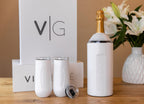 Vinglacé Champagne Bottle Chiller Gift Set- Portable Stainless Steel Sparkling Wine Cooler with 2 Stemless Champagne Flutes, White