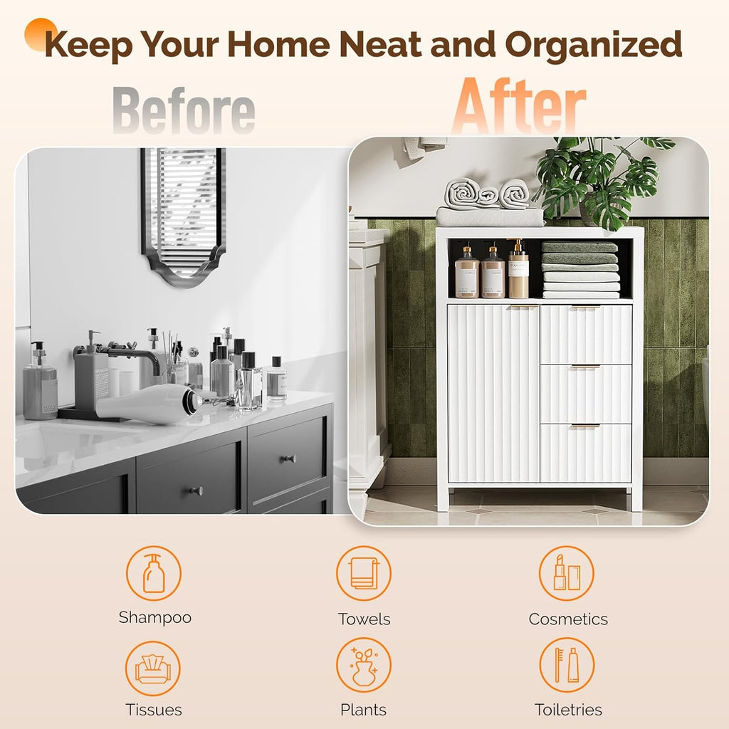 VINGLI Bathroom Floor Storage Cabinet with 3 Drawers, Modern 32" Freestanding Short Storage Organizer with Fluted Door & Adjustable Shelf, 12 Inch Deep White Wooden Console for Small Space