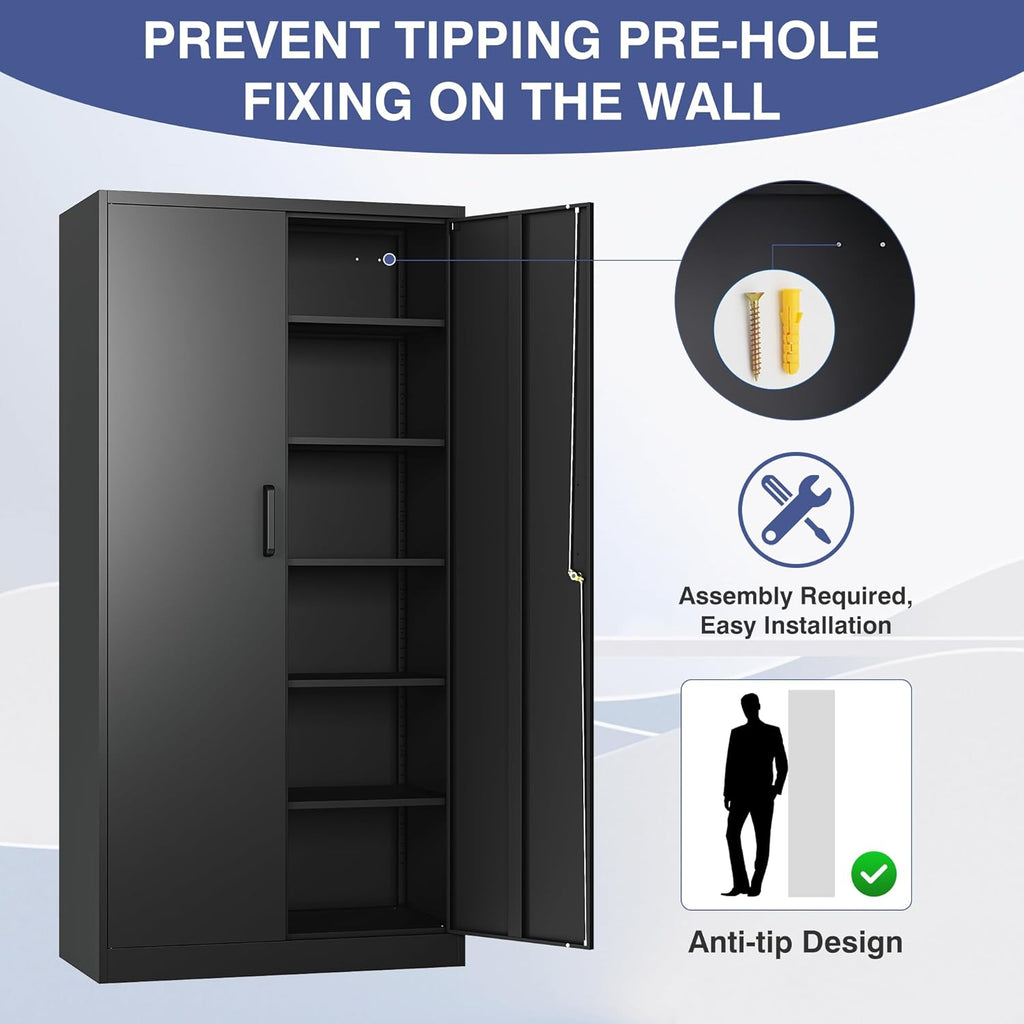 Metal Garage Storage Cabinet,Tall Black Cabinet with Doors and Adjustbale Shelves,Lockable Tool Cabinet for Garage,Basement,Home Office