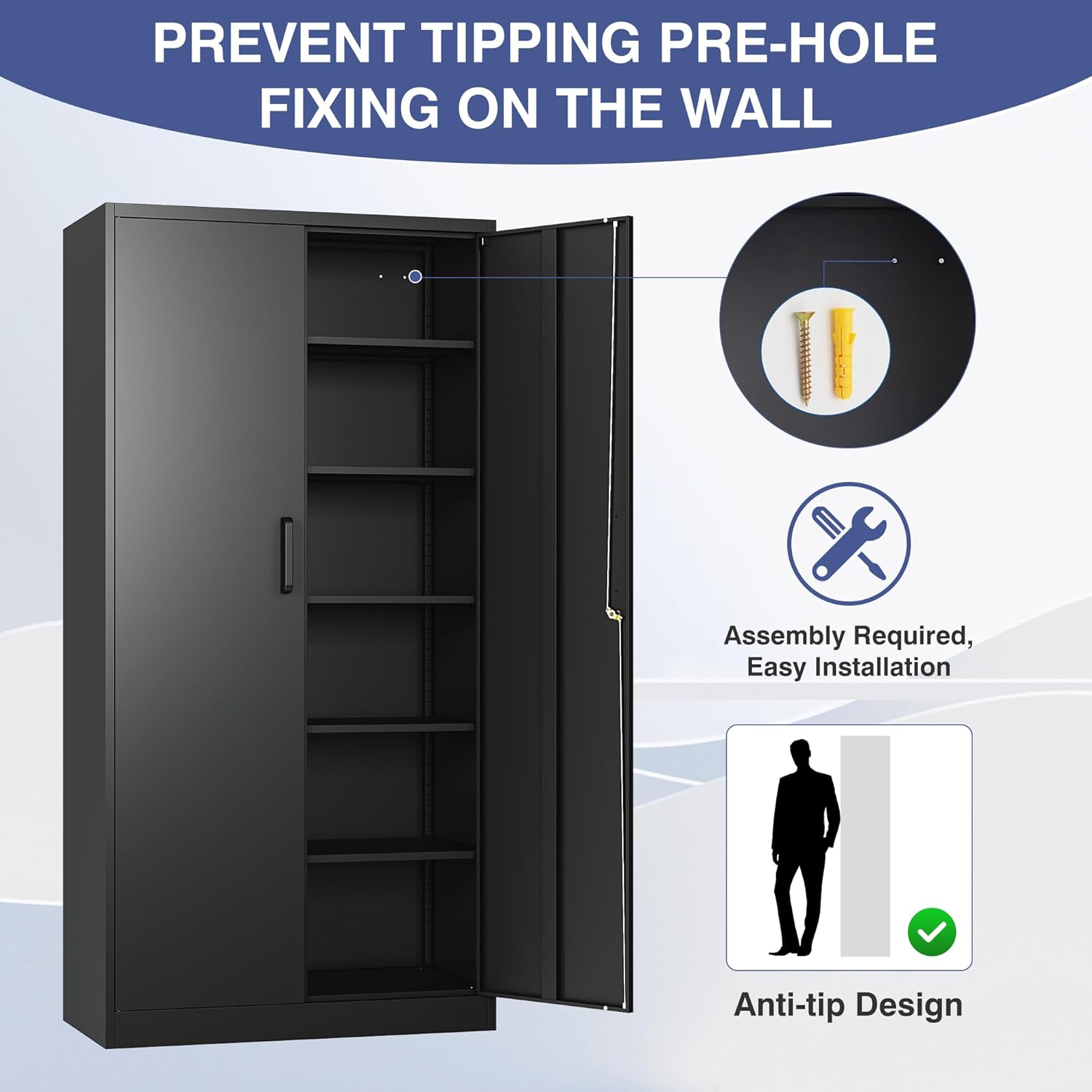 Metal Garage Storage Cabinet,Tall Black Cabinet with Doors and Adjustbale Shelves,Lockable Tool Cabinet for Garage,Basement,Home Office