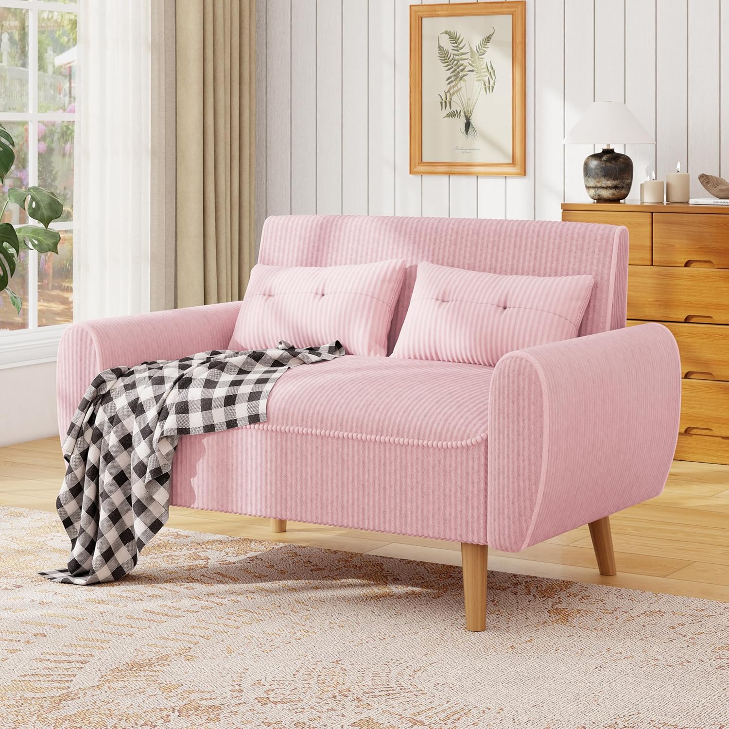 JAMFLY Pink Loveseat Sofa, 47.2'' Modern Small Space Sofa Set, High Density Sponge, Linen, Wood, 350 lbs Capacity