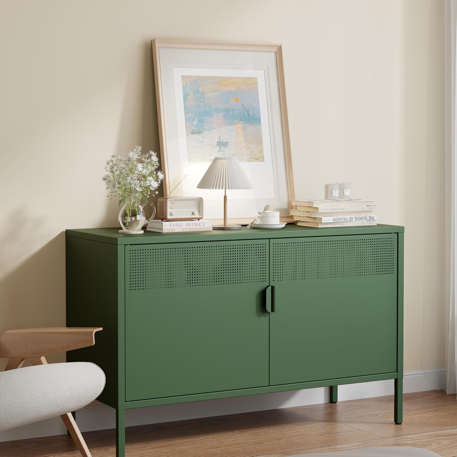 Metal Storage Cabinet with 2 Doors & Adjustable Shelves, 25" H Green Accent Cabinet, Metal Locker Storage Cabinets, Tv Stand Cabinet for Home, Office, Living Room, Entryway