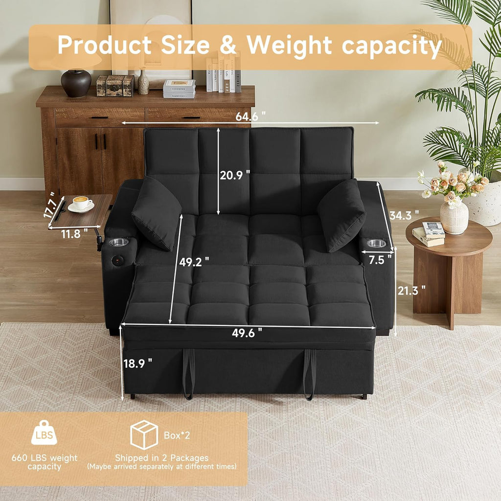 66" Multi-Functional Pull-Out Sofa Bed with Hidden Side Table, Storage Armrests, Built-in Charging Port, Spring Mattress, Solid Wood Frame – Ideal for Small Spaces, Easy Assembly