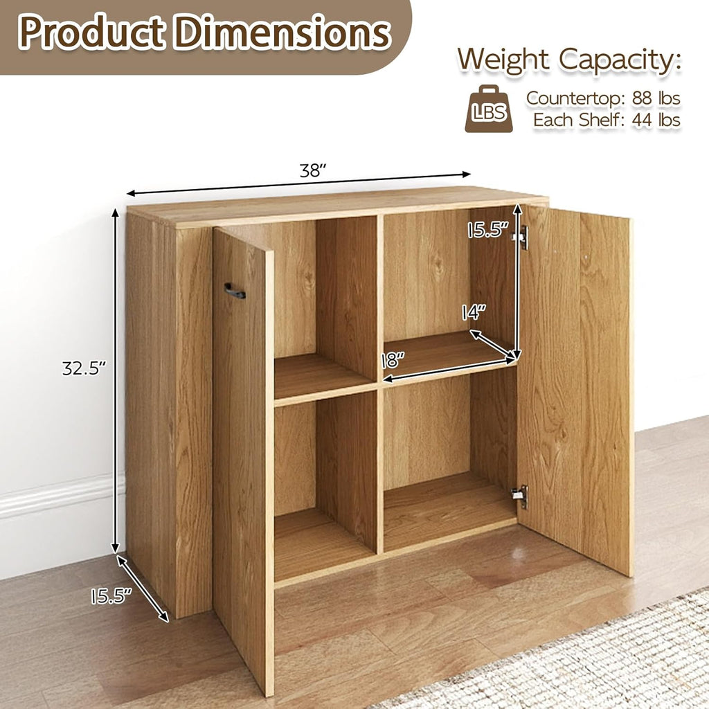 Giantex Modern Storage Cabinet, 38" Credenza with 2 Doors and 4 Cubic Shelves, Anti-Tipping Device, Sturdy Metal Hings, Wooden Sideboard Cabinet for Living Room, Kitchen, Entryway, Natural