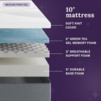 Sleep Innovations Marley 10 Inch Green Tea Gel Memory Foam Mattress, Queen Size, Bed in a Box, Medium Firm Feel