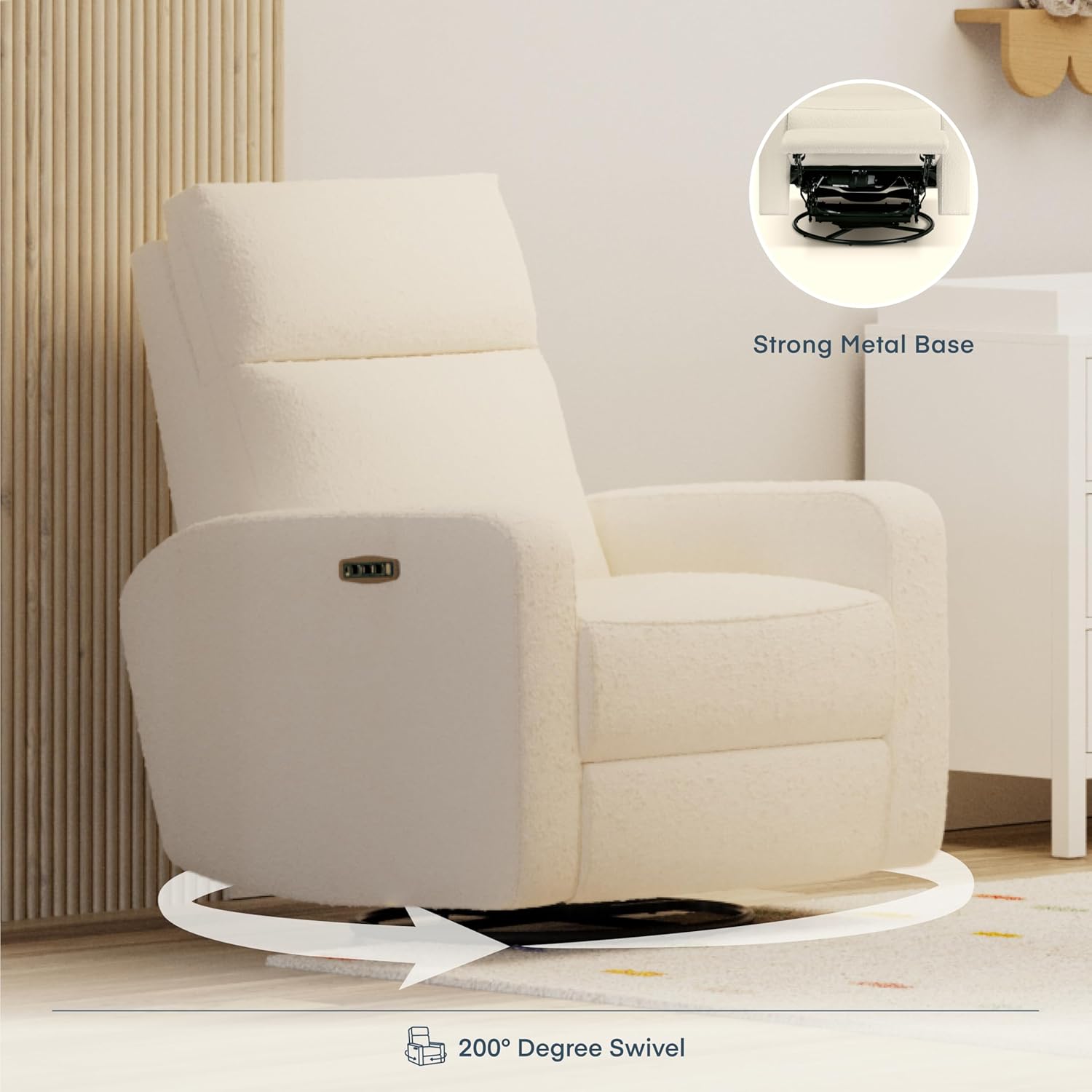 Nurture& The Glider Plus - Premium Nursery Power Recliner | Swivel Chair with Adjustable Head Support | Adjustable Lumbar Support Built in USB The Ultimate Comfort for Nursing, Relaxing (Boucle Creme)
