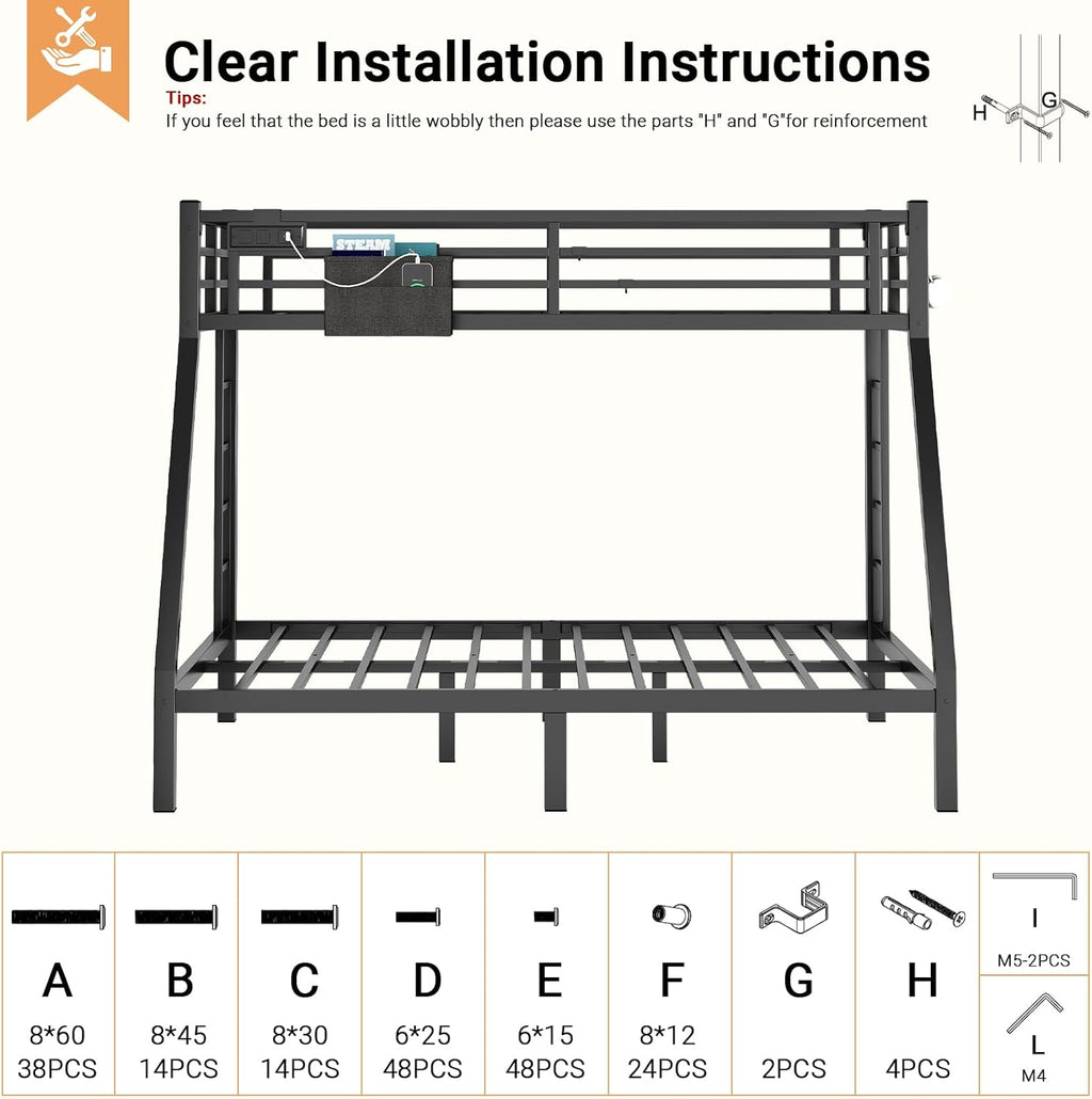 Twin XL Over Queen Bunk Bed, Metal Bunk Bed Frame Heavy Duty Bunk Beds Loft Bed Frame with Ladder and Guardrail Metal Slats No Box Spring Required for Adults Teens, Black