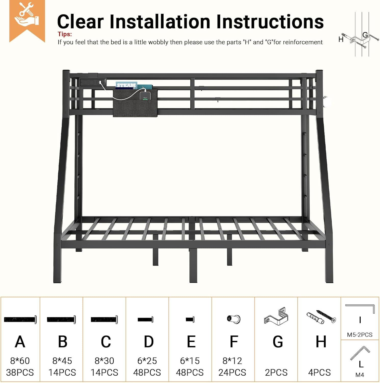 Twin XL Over Queen Bunk Bed, Metal Bunk Bed Frame Heavy Duty Bunk Beds Loft Bed Frame with Ladder and Guardrail Metal Slats No Box Spring Required for Adults Teens, Black