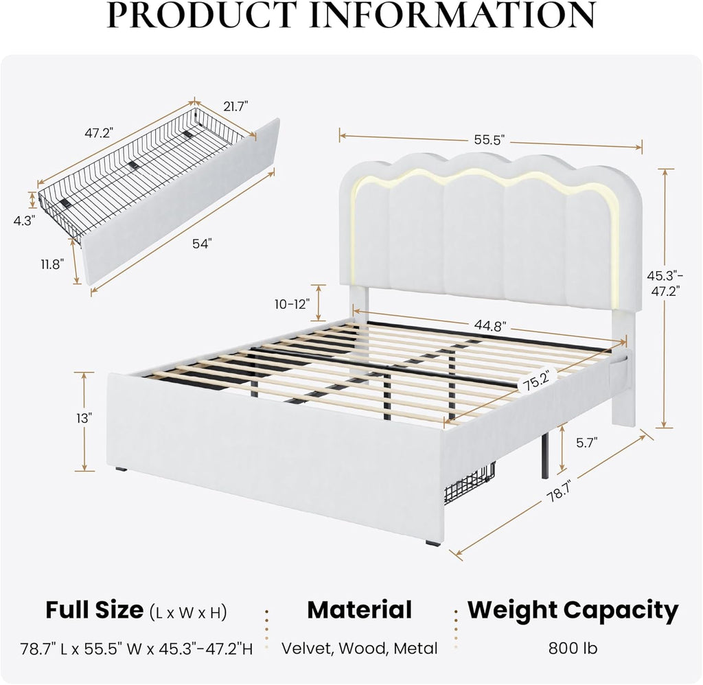 SHA CERLIN Upholstered Full Size Bed Frame with LED Lights and Large Storage Drawer, Velvet Platform Bed with Adjustable Wavy Headboard, Noise Free, Easy Assembly, No Box Spring Needed, Soft White