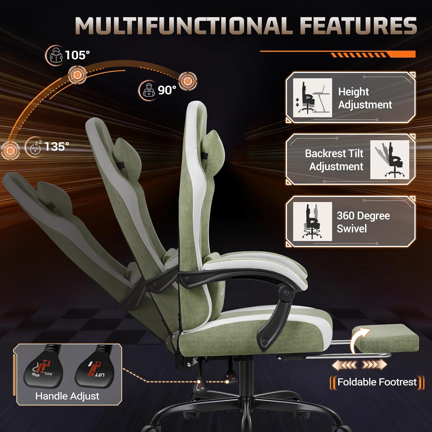 Homall Gaming Chair with Massage & Footrest, Ergonomic Computer Office Chair, High-Back Racing Style Reclining Chair with Adjustable Lumbar Support, Breathable Tech Fabric for Adults (Green)